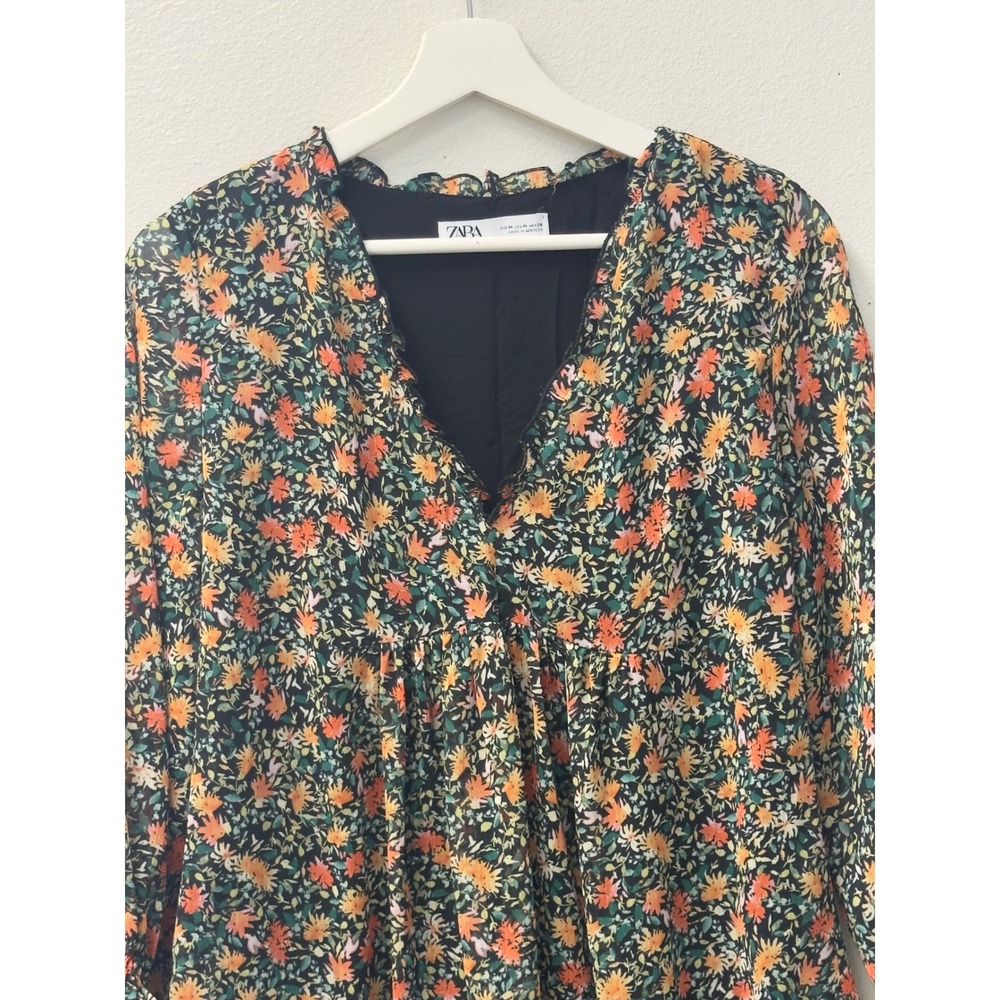 Zara Floral Mini Dress Womens M Black Multicolor V-Neck Chiffon Cottagecore Boho - Picture 3 of 9